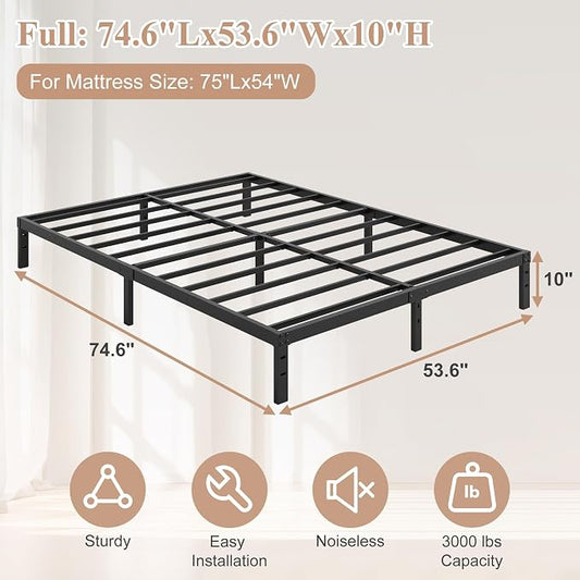 HOBINCHE 10 Inch Full Size Bed Frame, Bed Frame Full No Box Spring Needed | Heavy Duty Metal Platform Mattress Foundation with Steel Slats, Non-slip Noise Free Easy Assembly Black