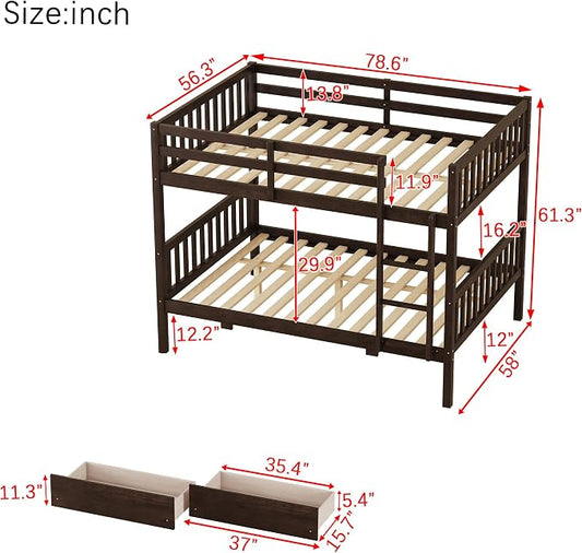 Harper & Bright Designs Full Over Full Bunk Bed with 2 Drawers, Convertible into 2 Beds, Bunk Bed with Ladder and Safety Guardrails, Espresso