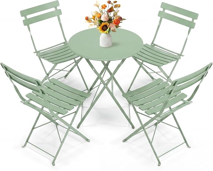 Bistro Table and Chairs Set of 4, 5 Piece Outdoor/Indoor Folding Patio Bistro Sets, 4 Chair Patio Furniture Set with Table, Premium Frame Foldable Coffee Tables for Balcony, Yard, Garden, Green