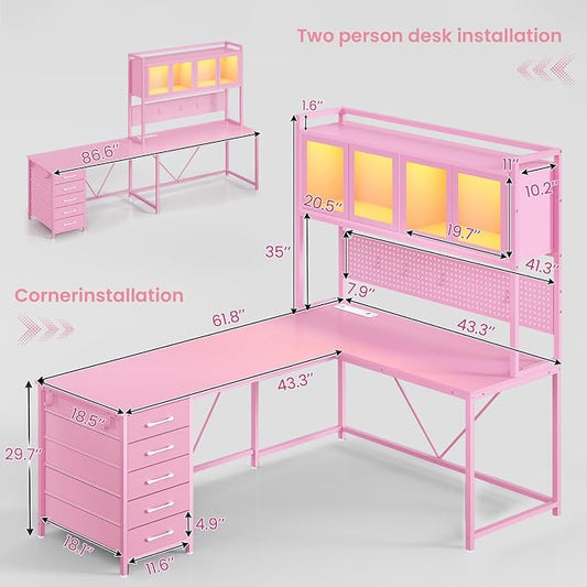 SEDETA L Shaped Gaming Desk with Drawers, L Shaped Computer Desk with Hutch and Storage Shelves, Gaming Desk with Pegboard, Led Lights, and Power Outlet, Home Office Desk, Corner Desk, Pink