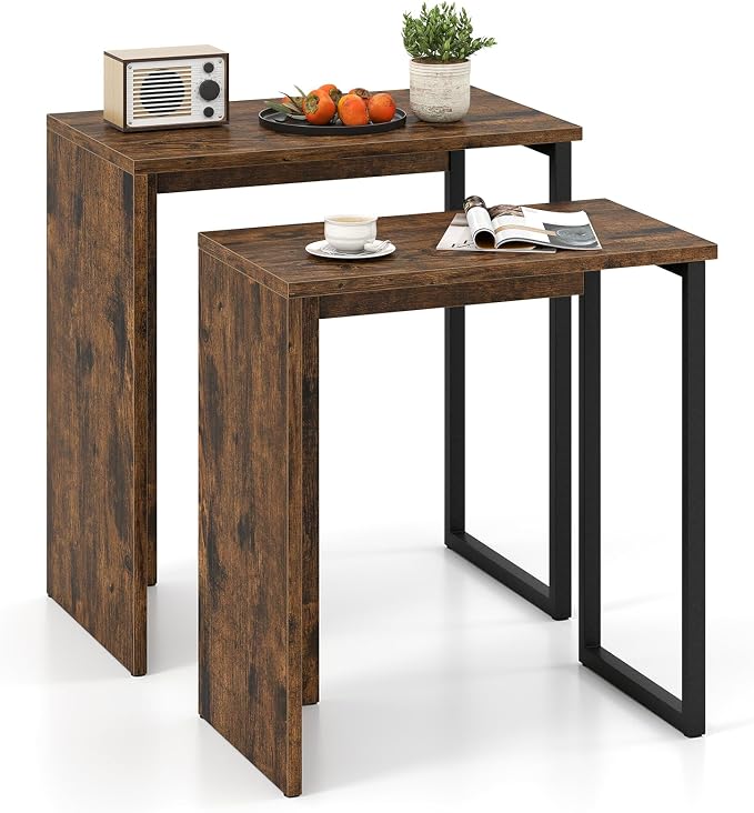 Giantex Nesting Coffee Table Set of 2, Rectangular Stackable Side Tables with Sturdy Metal Frames, Modern Nesting End Tables for Living Room, Bedroom, Rustic Brown