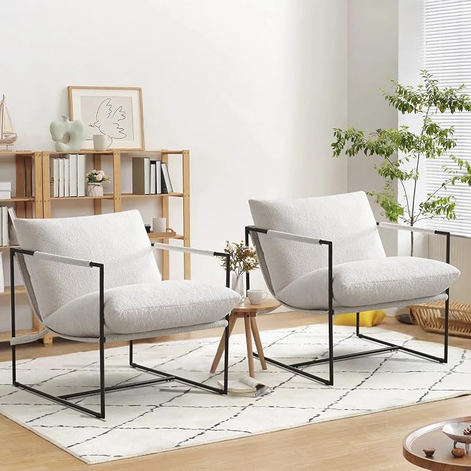 Furnilivng Large Sling Accent Chair, Comfortable Boucle Fabric Arm Chair, Upholstered Cozy Reading Chair for Living Room, Bedroom, Dressing Room, Home Office (White, Set of 1)