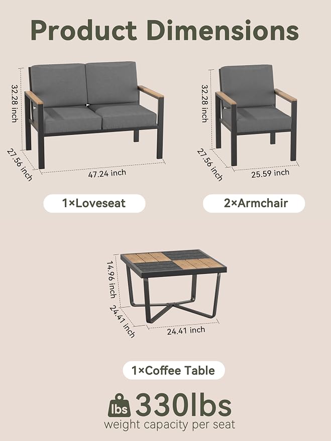 4-Piece Patio Furniture Set with Coffee Table & Removable Washable Cushions, All-Weather Metal Frame and Wood-Like Armrests for Porch, Garden, Balcony,Black