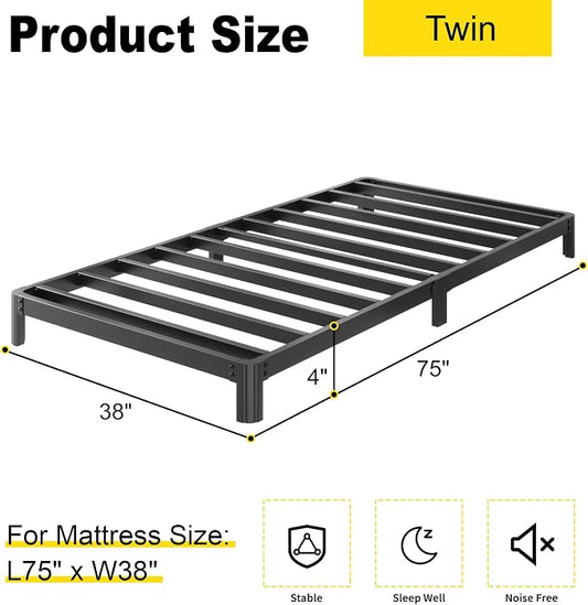 Yicensen 4 Inch Twin Bed Frame Low Profile No Box Spring Needed, Heavy Duty Metal Twin Size Platform Bed Frame with Rounded Corner Legs, Easy Assembly, Noise Free, Black