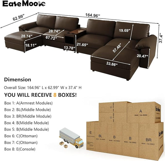 EASE MOOSE Leather Sectional Couch with Console,Oversized Modular Sectional Sofas,Wide Deep Seat Modular Couch, Scratch Resistant Faux Leather Material,U Shaped Sofa for Big Spaces,Deep Brown