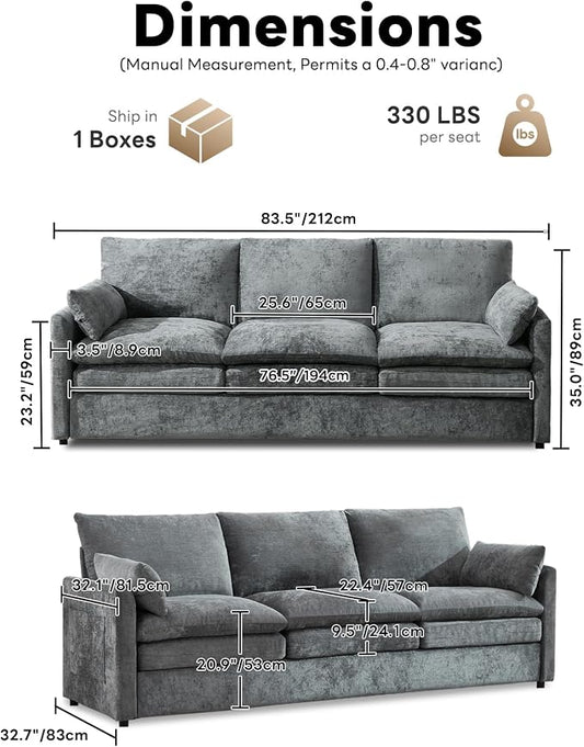 Iroomy 83" Chenille Cloud Couch, Modern Sofa 3 Seater, Comfy Plush Thick Cushions, Pocket Springs, Cloud-Like Comfort Sofas for Small Living Room Apartment, Gray | 9.5" Thick Cushions