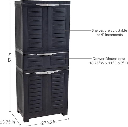 Sunnydaze 57" H Resin Garage Storage Cabinet - Garage Cabinet with 2 Adjustable Shelves - Freestanding Utility Storage for Laundry Room, Office, Basement - Charcoal