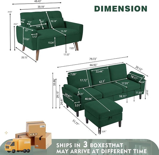 79" Convertible Sectional Sofa Set, Modern Linen Small L Shaped Couch with Reversible Ottoman and Loveseat, 3-Seat Sofa Couches for Living Room, Office, Apartment, Green