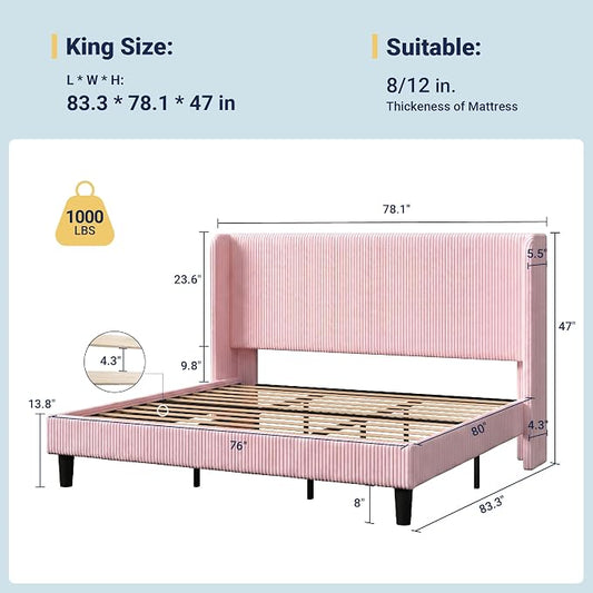 Allewie King Size Bed Frame with Upholstered Wingback Headboard, Vertical Channel Tufted Corduroy Velvet Platform Bed, Strong Wooden Slats Support, No Box Spring Needed, Easy Assembly, Light Pink