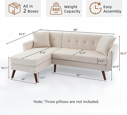 Tbfit L Shaped Couch Sofa, 80" W Mid-Century Modern Sectional Couches, 3 Seater Sofas with Wide Chaise Lounge, Button Tufted Upholstered Sectional Sofa for Living Room, Bedroom, Beige