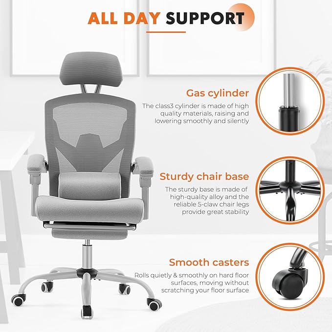 Sweetcrispy Office Computer Desk Chair Set of 2, Ergonomic High-Back Mesh Rolling Work Swivel Chairs with Wheels, Comfortable Lumbar Support, Comfy Arms for Home, Bedroom, Study, Student, Light Grey