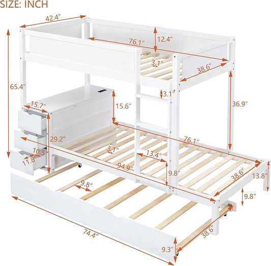 Harper & Bright Designs Twin Over Twin Bunk Bed Twin Size Trundle, Wood Twin Bunk Bed with USB Ports, Storage and Desk, White