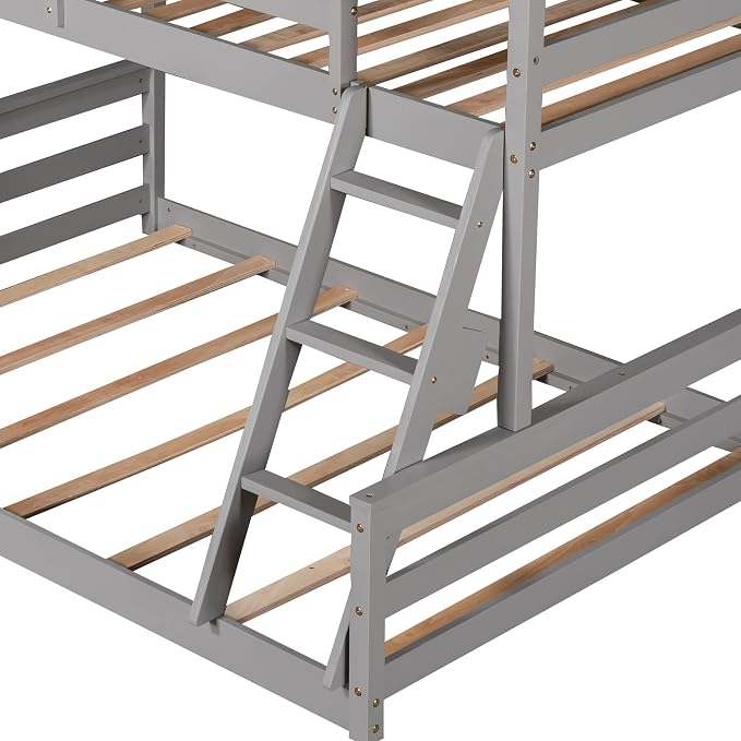Merax House Floor Bunk Bed with Ladder Twin Over Full,Wood Low Bunk Bed for Kids Juniors, Space-Saving,No Box Spring Needed Gray