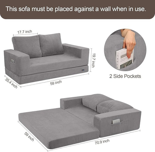 COMAX Futon Sofa Bed, Convertible Sofa Bed, Folding Boneless Couches | Boneless Couch for living room, 4‑in‑1 Fold Out Small Foldable Loveseat Floor Sleeper Mattress Lounge Space‑Saving, Grey