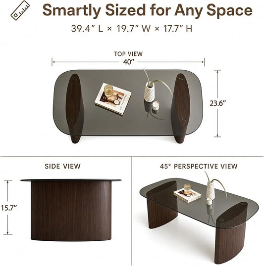 Modern Glass Coffee Table, Coffee Table for Living Room,Tempered Glass-top with Sturdy Wooden Base, Modern Coffee Tables for Small Space, Apartment, Office, Minimalist Design (Walnut)