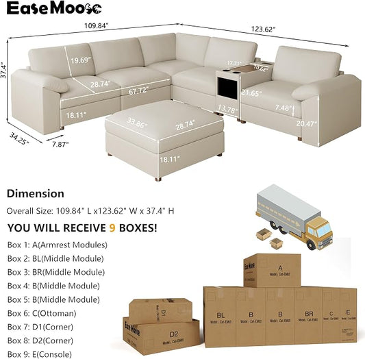 EASE MOOSE Oversized Corner Modular Sectional Sofa with Ottoman and Console, Faux Leather Sectional Sofa with Deep Seat, Scratch Resistant Faux Leather Material, Extra Large L Shaped Couch, Beige