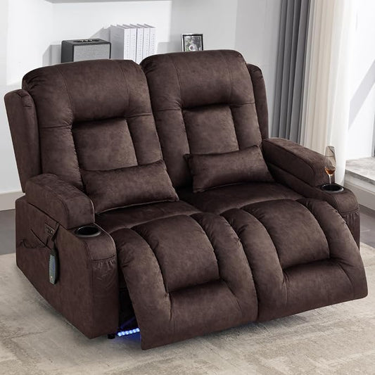 URRED Power Loveseat Recliner Sofa with Massage and Heat, Wall Hugger Reclining Loveseat, RV Couch Home Theater Seating with LED Lights for Living Room (Brown, 54" - 2 Seats)