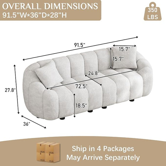 92" Oversized Minimalistic Boucle Sofa for Living Room, Luxury Plush Extra Deep Seat Tufted Sofa, Modern Comfy Curved Cloud Couch, Upholstered 3-Seater Chenille Couches, Beige White