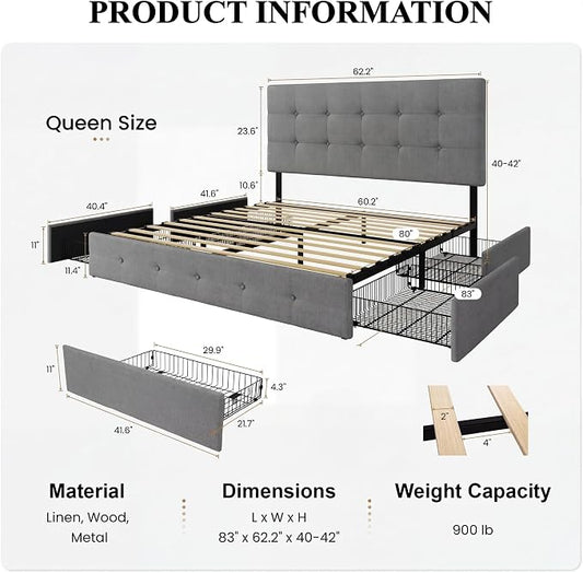SHA CERLIN Upholstered Queen Size Platform Bed Frame with 4 Storage Drawers, Adjustable Headboard with Square Stitched Button Tufted Design, Wooden Slat Support, No Box Spring Needed, Light Grey