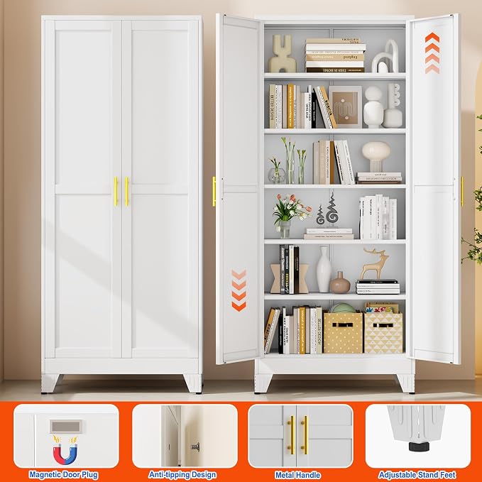 GAIOUS 75''Tall Metal Garage Storage Cabinet,File Cabinet with Door and Adjustable Shelves, Outdoor Steel Tool Cabinet for Home,Office,Warehouse,Garage,White