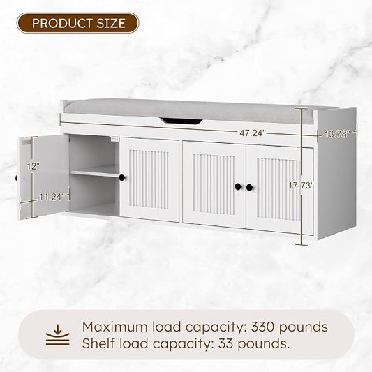 47.2" Storage Bench - Entryway Shoe Bench with 4 Doors and Top Storage Area, Multifunctional Entryway Bench with Lift Top Cushion, Shoe Storage Bench for Bedroom, Living Room, White