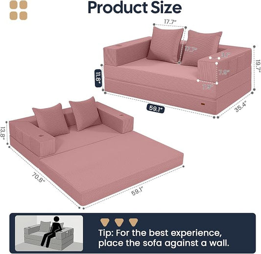 COMAX Futon Sofa Bed, Convertible Sofa Bed, Folding Boneless Couches | Boneless Couch for living room, 4‑in‑1 Fold Out Small Foldable Loveseat Floor Sleeper Mattress Lounge Space‑Saving, Pink
