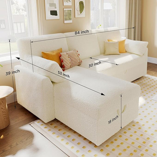 PaPaJet Sofa Bed, Sleeper Sofa with Storage Chaise, L Shaped Sofa with Pull Out Bed, Oversized Sofas for Living Room-White Boucle