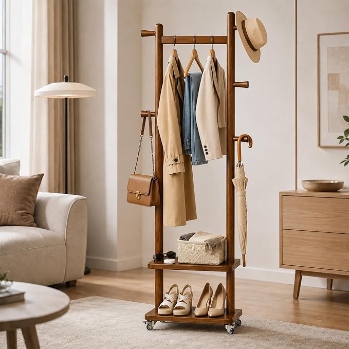 Solid Wood Coat Rack Freestanding Clothing Rack with Wheels & 2 Shelves Storage & 5 Hooks Heavy Duty Clothes Rack Wood Coat Tree Stand Hat Hanger Rack for Corner Bedroom Entryway Living Room Hotel