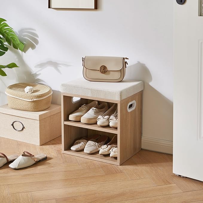 YMYNY Small Shoe Storage Bench with Cushion, 2 Tier Entryway Bench with Storage, Shoe Rack Bench for Entryway, Living Room, Hallway, Closet, Bedroom, 15.4L*11W*16.54H, Light Natural UHBD028R