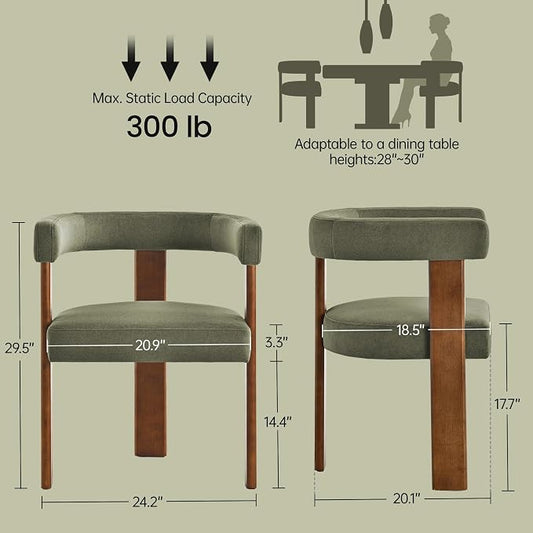 Usaint Wooden Barrel Dining Chairs Set of 6, Mid-Century Modern Upholstered Dining Room Chairs with Walnut Wood Legs and Loop Back, Comfy Accent Arm Chair for Dining Room, Kitchen, Living Room, Green