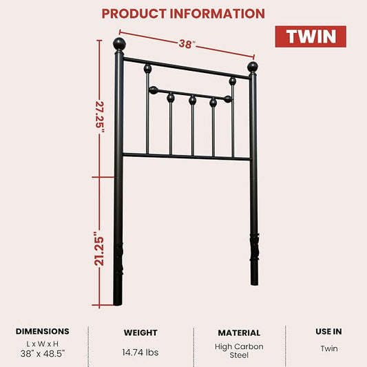 Victorian Twin Size Metal Bed Frame Height Adjustable Headboard Only, Wrought Iron Black Farmhouse Bed Frame Headboard, Easy Assembly, Short Clearance, Tall or Low Setting