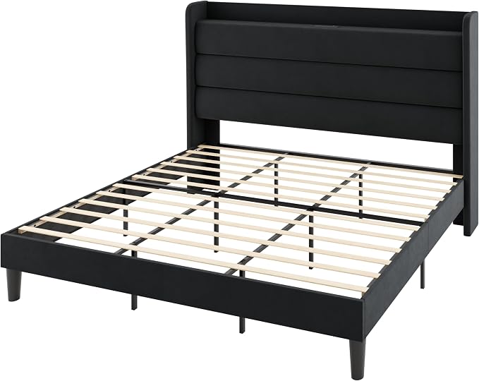 Allewie King Size Upholstered Bed Frame with Charging Station & Storage Headboard, Soft Velvet Wingback Platform Bed, Strong Wooden Slats Support, No Box Spring Needed, Easy Assembly, Black