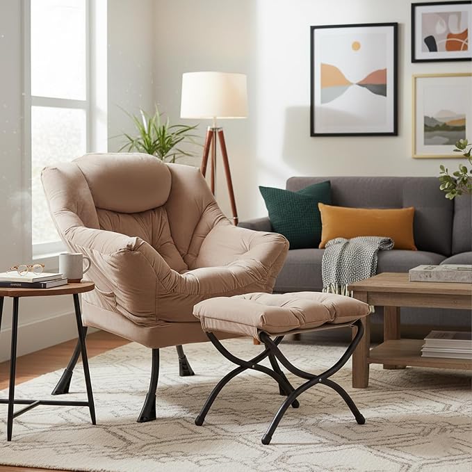 Welnow Lazy Chair with Ottoman, Modern Accent Chair with Armrests and a Side Pocket, Leisure Sofa Chair Set, Reading Chair with Footrest for Small Space, Corner Chair, Dark Brown