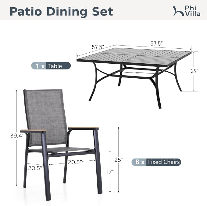 PHI VILLA 9 PCS Patio Dining Set, All-Weather Outdoor Furniture for 8, Lightweight Stackable Chairs with Breathable Fabric and Large Square Metal Table for Garden Yard Deck, Grey