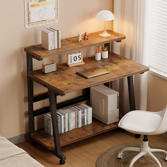 Rolling Computer Desk, 47.2 Inch Small Desks For Small Space, Portable Small Computer Desk with Monitor Stand & 3-Tier Storage, Portable Desk on Wheels for Writing, Home Office, Small Desk for Bedroom