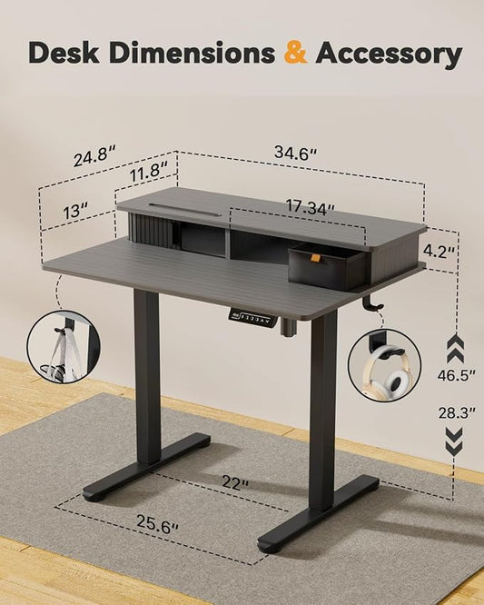 JOY worker Small Electric Standing Desk, 35" x 25" Height Adjustable Table with Built-in Monitor Stand & Storage Drawer, Grey Sit Stand Desk with 2 Hooks for Home Office