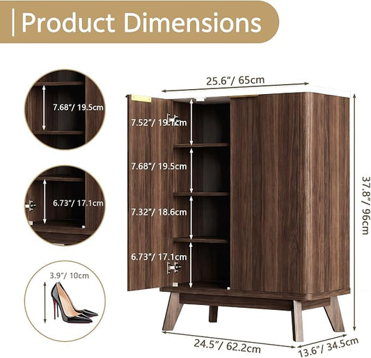Shoe Cabinet with Doors & Adjustable Shelves, Walnut | Modern Wooden Storage Cabinet for Entryway, Mudroom And Apartment, Reducing Clutter And Dust Buildup