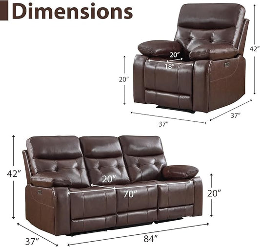 CANMOV Genuine Leather Power Recliner Sofa Set,Two Power Recliner Chair and Sofa Set, 3 Pieces Leather Couch with Hidden Cup Holders, USB Ports, for Living Room, Dark Brown
