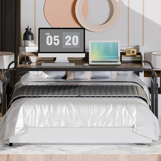 Overbed Table with Wheels, Queen Size Over Bed Desk with Adjustable Height & Length, Over The Bed Rolling Recliner Computer Desk, Mobile Laptop Cart for Bedroom, Living Room, Office, Hospital (47")
