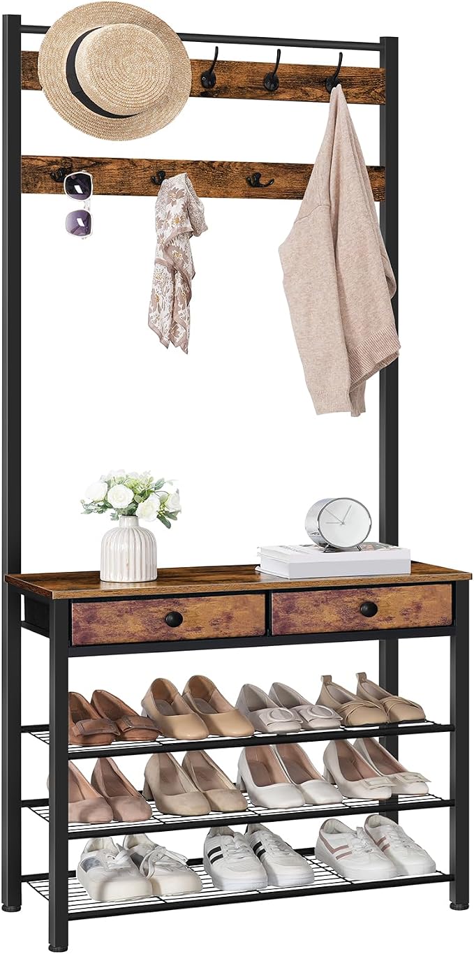 HOOBRO Hall Tree, Entryway Coat and Shoe Rack, 2 Fabric Drawers, Hall Tree with Bench, Shoe and Coat Rack, Coat Rack with Shoe Storage, 4 Tier Shoe Organizer, 9 Hooks, Rustic Brown and Black BF81MT01