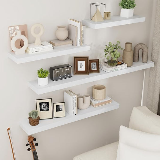 fuqing Floating Shelves for Wall - White Wood Wall Shelves Set of 3 - Modern Style Wooden Shelves for Room Decor & Storage