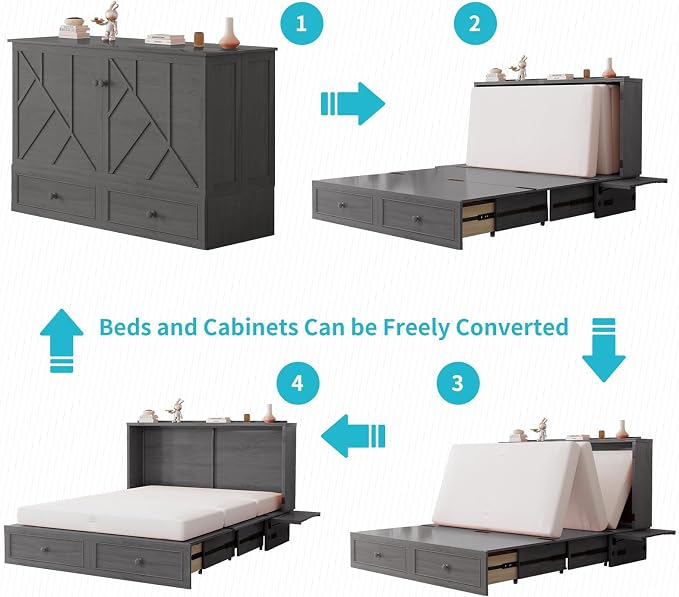 CECER Slate Grey Murphy Bed Cabinet with Mattress, Space-Saving Folding Bed
