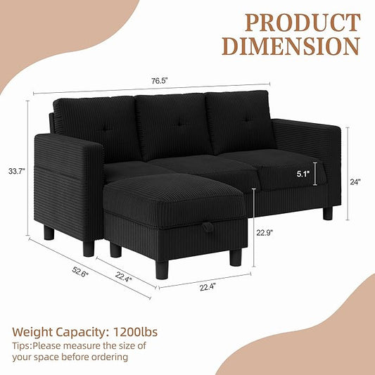 Shintenchi Modern Upholstered Sectional Sofa, L-Shaped Couch with Storage Ottoman and Reversible Chaise for Living Room, Black Corduroy Fabric