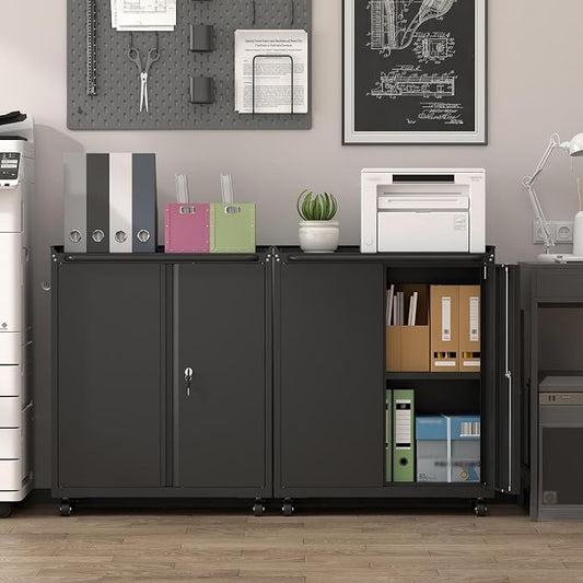 32''H Metal Storage Cabinets with Lock, Metal Garage Storage Cabinet on Wheels, Lockable Rolling Tool Chest Cabinet with Doors & Adjustable Shelves for Garage, Home, Office, Assembly Required