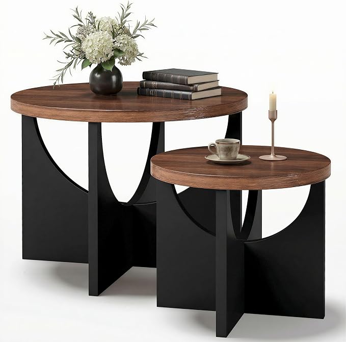LIKIMIO Nesting Coffee Tables Set of 2, 23.6" Small Round Side Tables for Living Room, Wooden End Table, Walnut