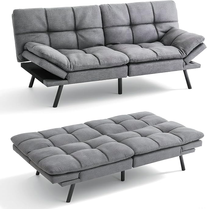 Vipbear 71" Futon Sofa Bed - Convertible Sofa Beds/Adjustable Backrest & Armrest, Comfy Loveseat Sleeper for Small Spaces, Apartments & Offices,Linen Fabric Medium Grey Futons
