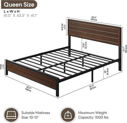 LIKIMIO Queen Bed Frame with Headboard, Mid-Century Modern Queen Platform Bed, Heavy Duty Silent Metal Slats, No Box Spring Needed, Noise-Free, Dark Walnut