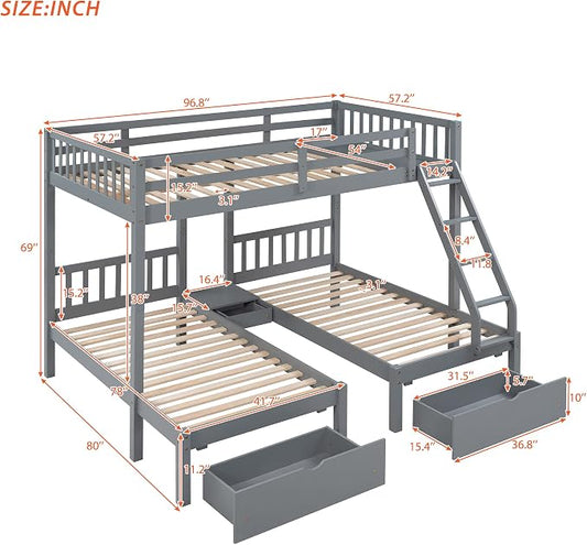 Wood Triple Bed Bunk Bed with 2 Storage Drawers, 3-in 1 Full Over Twin & Twin Bunk Bed Frame with Built-in Middle Drawer, Guardrail Ladder for Kids Teens Adults, Maximized Space Design (Grey1-full)