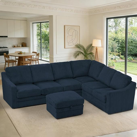 115 Inches Corduroy Sectional Sofa with Storage Ottoman, Modern 7 Seats Corner Couch with Deep Seat, Comfy Modular U Shaped Couch with Comfortable Cushions for Living Room, Blue
