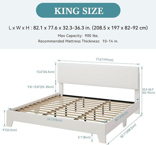 SHA CERLIN PU Leather Upholstered King Size Bed Frame with Headboard,White | Adjustable Low-Profile Platform Bed, Minimalist Design, Stable Mattress Foundation, Strong Back-Support, No Box Spring Needed